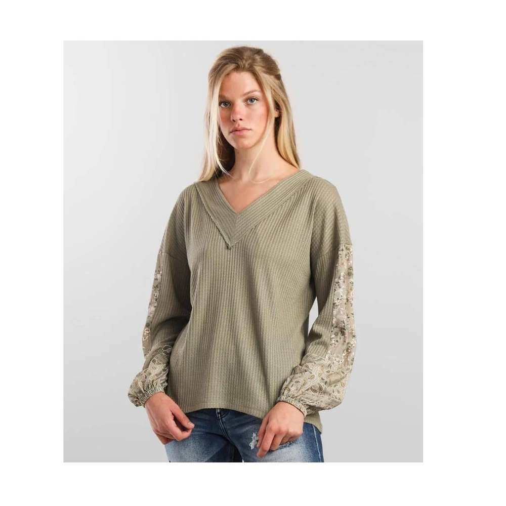 Daytrip Buckle Moss Green V-Neck Waffle Knit Mix Media Top Paisley Long Sleeve S